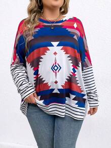SHEIN LUNE Plus Size Geometric Printed Batwing Sleeve T-Shirt