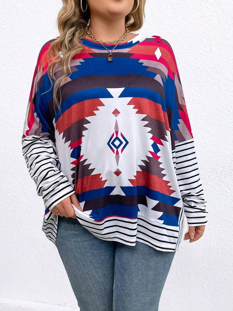 SHEIN LUNE Plus Size Geometric Printed Batwing Sleeve T-Shirt