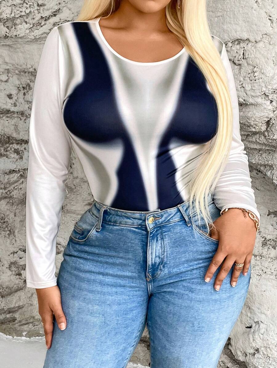 Flirla Kích thước lớn In Đồ họa Tay áo dài Áo liền quần vừa vặn - Nhiều màu - Xem 1