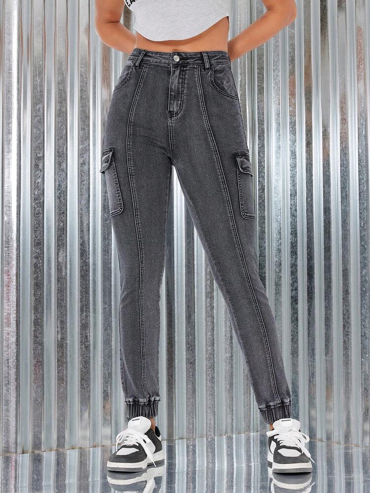 Ladies' Cargo Style Denim Jeans With Pockets