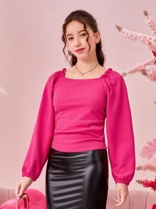 Thiếu niên Cô gái Thanh lịch Tay áo lồng đèn Tay áo dài Áo sơ mi Với Viền bình hàng phía sau - Màu Hồng Tươi - Xem 4