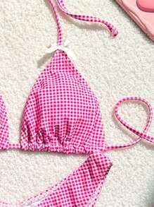 Swim Mod Summer Beach Women's Split Type Checked Halter Bikini, Two Ton - Pink - View 3