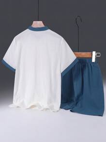 SHEIN Tween Boys' Comoda Camicia Casual A Maniche Corte Con Motivo A Bottoni In Tinta Unita Pantaloncini Hanfu Con Colletto Rialzato