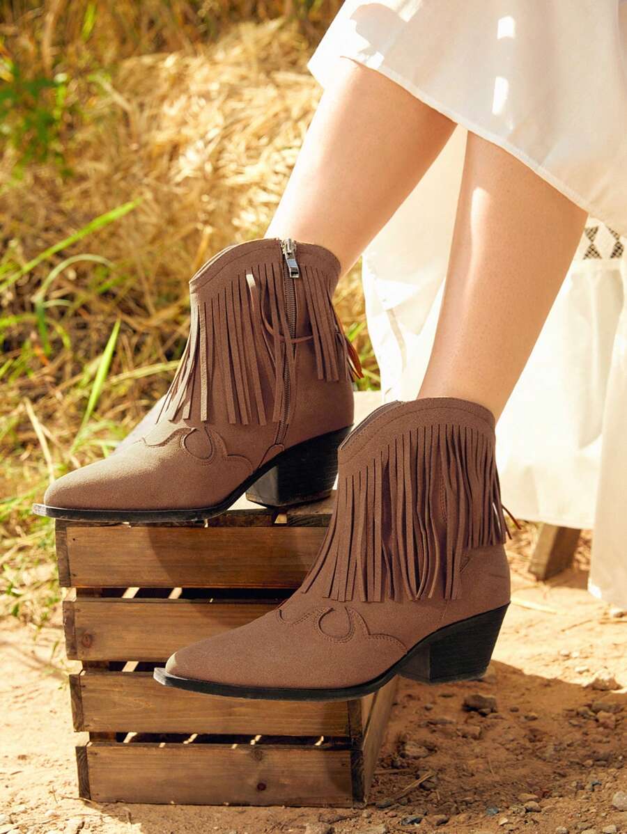 Styleloop 女款復古流蘇拉鍊設計百搭棕色短靴，女士牛仔靴 - 棕色 - 查看 1