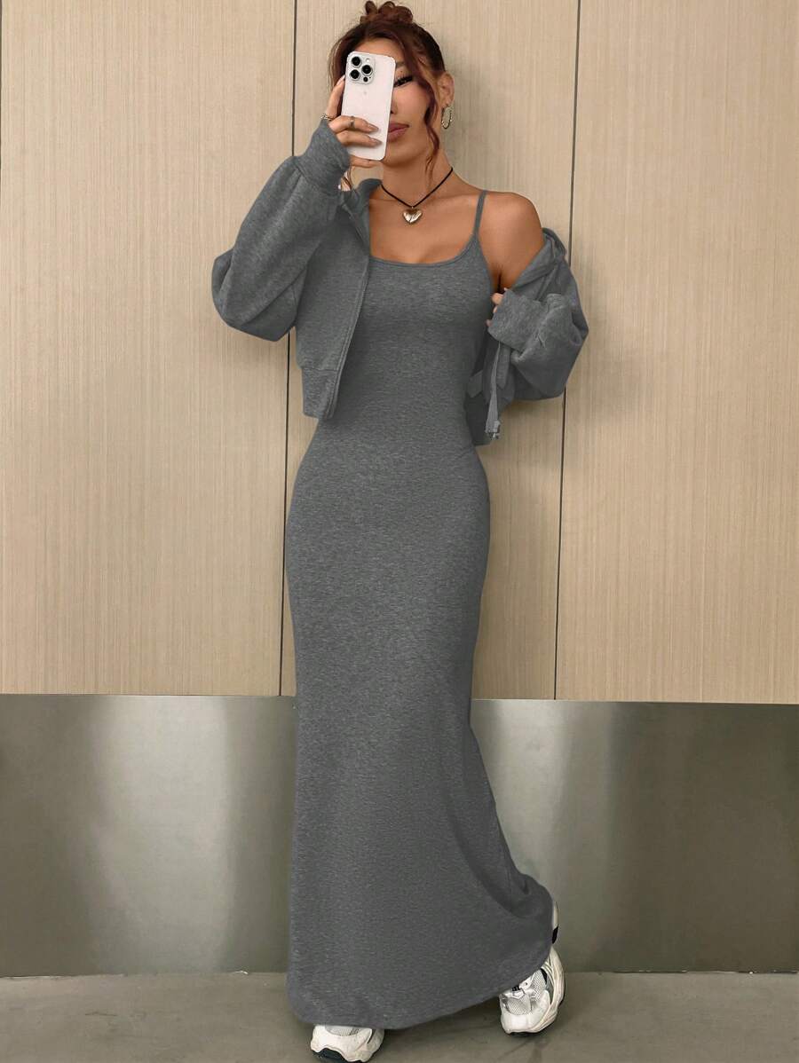 SHEIN EZwear Women'S Zipper Front Hooded Sweatshirt And Cami Dress, 2pcs/Set - Dark Grey - View 1