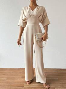 Chiquease 女款 V 領蝙蝠袖折疊連身長褲 - 杏色 - 查看 1