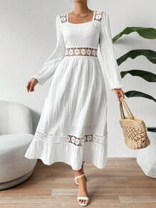 SHEIN Frenchy Women's Embroidery Patchwork Hollow Out Dress - White - View 1