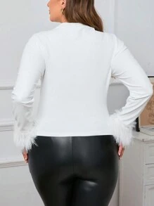 SHEIN Privé Plus Size Elegant Long Sleeve Patchwork Furry T-Shirt - White - View 2