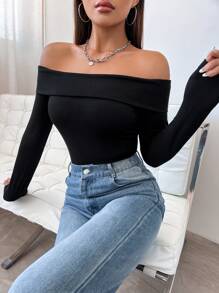 Flirla Plain Foldover Off Shoulder Bodysuit Fall Cloth For Women - Black - View 3