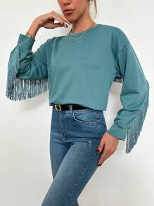 SHEIN Cottnline 女式純色流蘇修身掉肩運動衫 - 青碧色 - 查看 4
