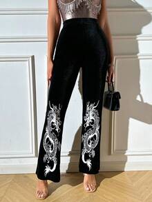 Allurite Chinese Dragon Flare Leg Pants - Black - View 5