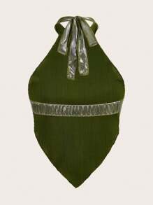 SHEIN ICON Áo hai dây Kim loại Chất rắn Ca-vát Backless Viền khăn tay - Màu xanh Ô liu - Xem 2