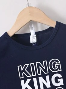 SHEIN Streecool Kids 男童夏季休閒字母印花2件套裝 - 寶藍色 - 查看 4