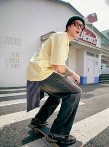 INFLATION Men's Loose-Fit Slogan Print Drop Shoulder Casual Summer T-Shirt - Apricot - View 4