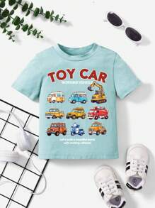 Baby Boy Casual Car Graphic Print Short Sleeve Round Neck T-Shirt Suitable For Summer - Mint Green - View 1