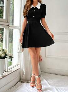 SHEIN Privé Của phụ nữ Màu sắc Chặn Chi tiết Nút Eo Kẹp chặt Đầm - màu đen - Xem 5