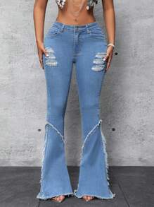 SHEIN SXY Women'S Frayed Hem Flare Leg Denim Jeans - Multicolor - View 6
