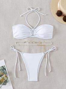 SHEIN Swim Women's Halter Two Pieces Bikini Set Summer Beach - White - View 5