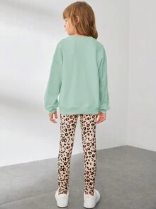 SHEIN Tween 女孩字母和豹紋印花落肩套頭衫和緊身褲 - 青碧色 - 查看 2