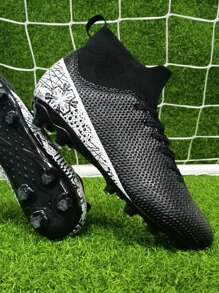 1 Pair All-Season Youth Blue And White Porcelain Soccer Shoes, High-Cut Long Studs Football Cleats For Lawn Games And Training - Black - View 2