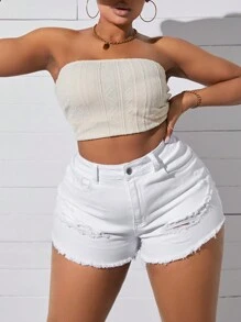 SHEIN SXY 大尺碼女款仿舊牛仔短褲 - 白色 - 查看 3