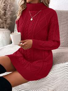 SHEIN LUNE 純色高領毛衣連身裙 - 紅色 - 查看 1