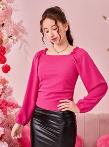 Thiếu niên Cô gái Thanh lịch Tay áo lồng đèn Tay áo dài Áo sơ mi Với Viền bình hàng phía sau - Màu Hồng Tươi - Xem 3