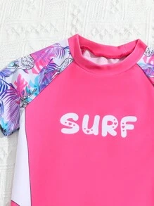 年輕少女熱帶字母印花短袖上衣和短褲泳裝套裝 - 彩色 - 查看 4