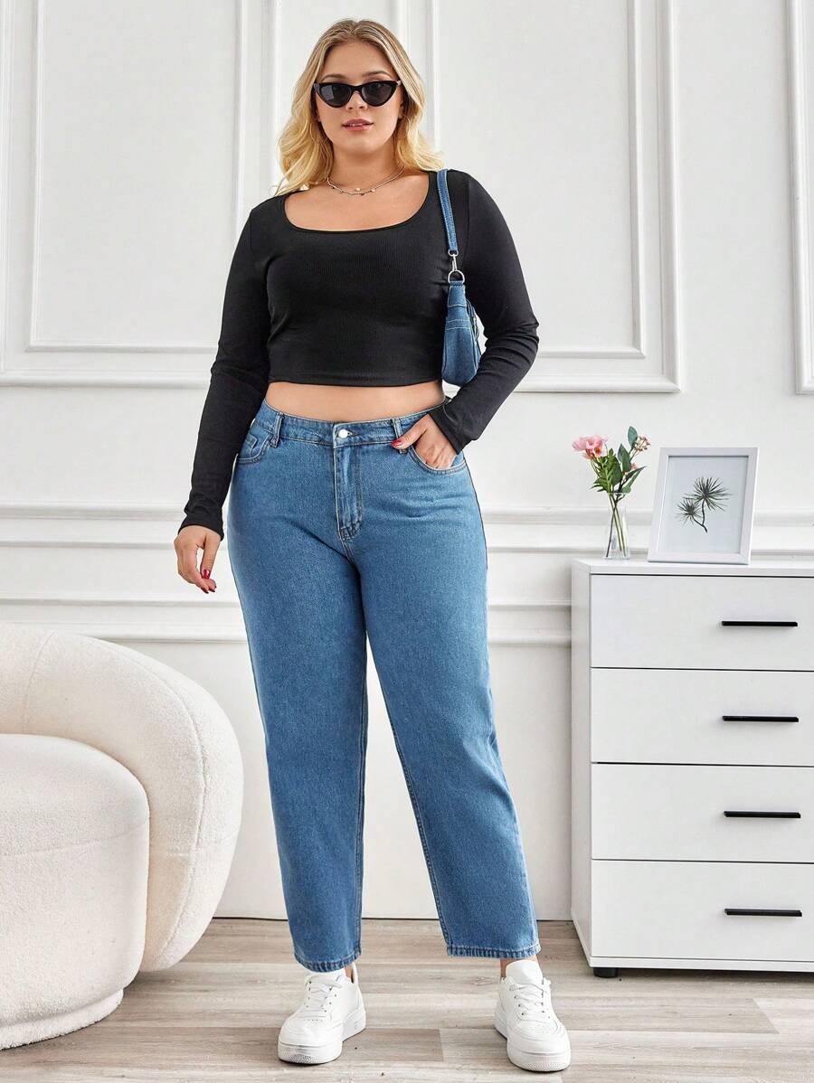 SHEIN Cottnline Women'S Plus Size Tapered Leg Jeans - Medium Wash - View 1