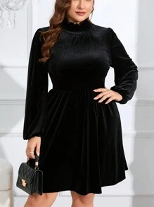 SHEIN Privé Kích thước lớn Cổ cao Tay áo lồng đèn Đầm - màu đen - Xem 6