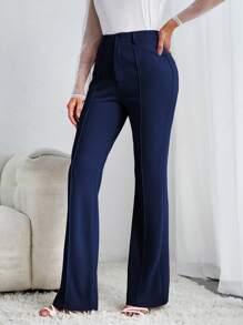 SHEIN Tall High Waist Flare Leg Pants - Navy Blue - View 3