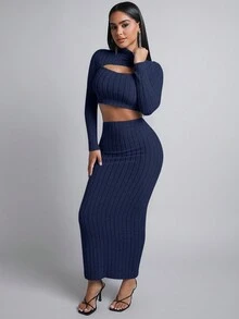 SHEIN PETITE 露脐短袖上衣＆筆裙 - 藏蓝色 - 查看 5