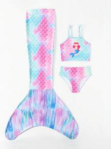 Young Girl Mermaid Three-Piece Swimwear Including Fishtail Dress-Up Cover Up - Blue - View 4