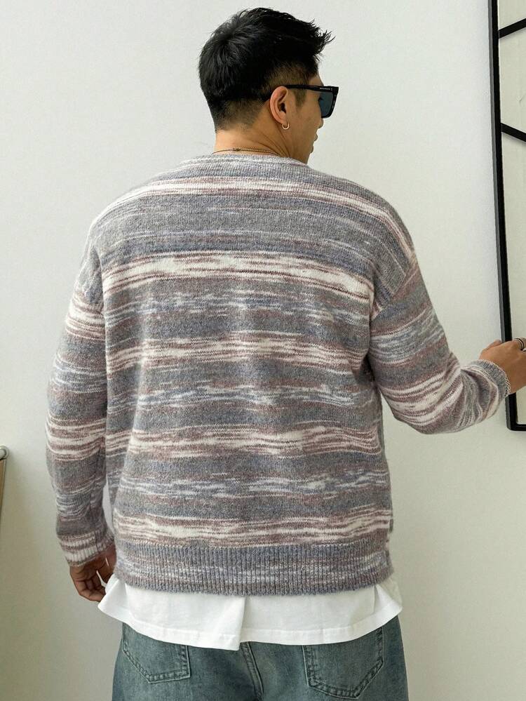 Men'S Contrast Color Striped Round Neck Sweater Fall,Winter