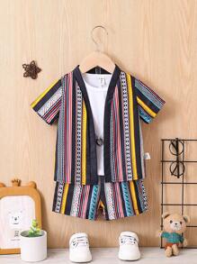 男嬰幾何條紋襯衫與短褲套裝 - 彩色 - 查看 1