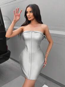 SHEIN SXY Women'S Strapless Metallic Front Zipper Dress - Silver - View 4