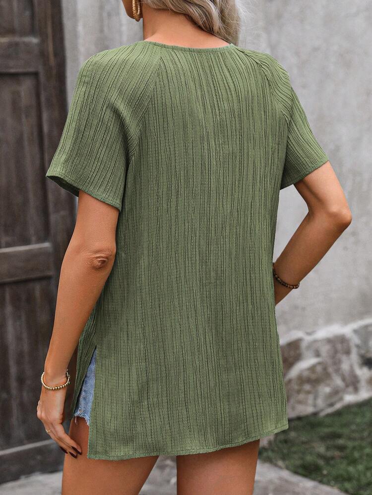 Button Up Raglan Short Sleeve Blouse