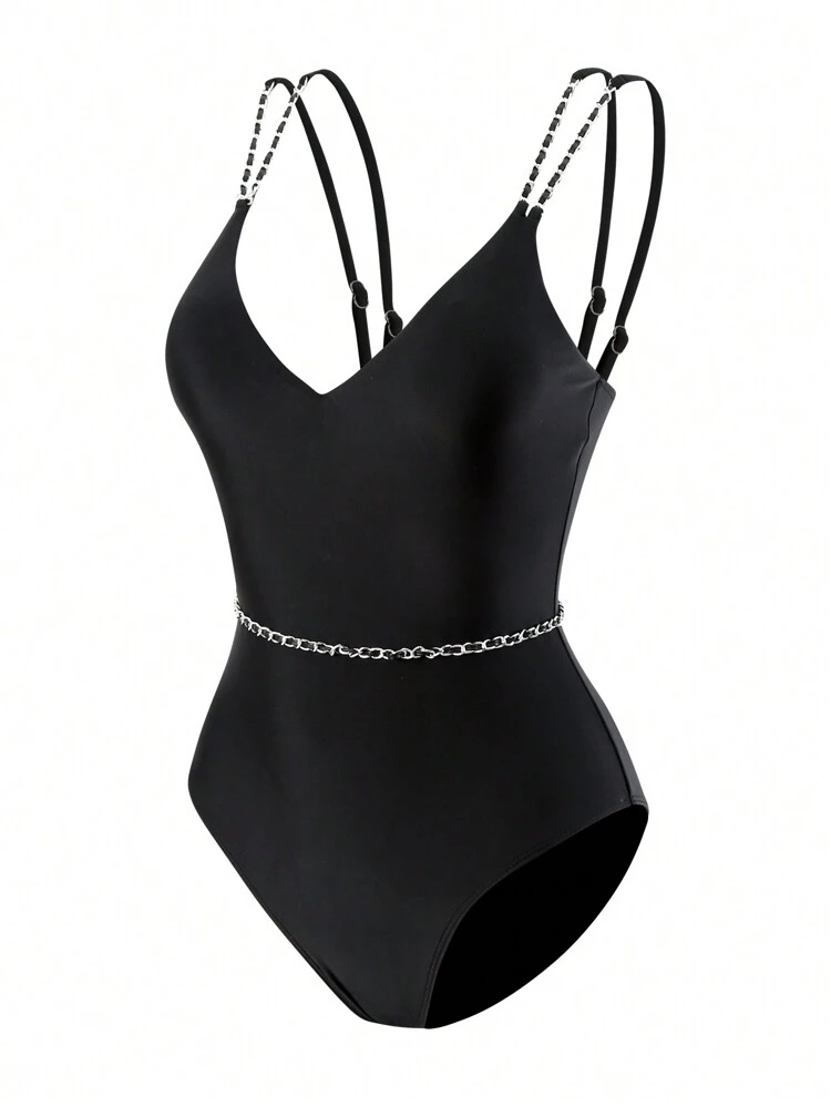 Summer Women'S Solid Color Spaghetti Strap One Piece Swimsuit