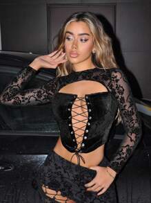 SHEIN ICON 復古天鵝絨花卉拼接2合1交叉領帶女士上衣 - 黑色 - 查看 7