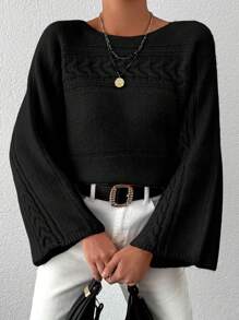 EURMUSE Women's Solid Color Batwing Sleeve Sweater - Black - View 4