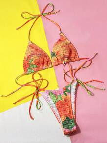 SHEIN Swim 女士印花加厚胸墊領後綁式比基尼套裝，綁帶式比基尼套裝，沙灘泳衣夏季假期裝扮 - 彩色 - 查看 4