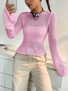 SHEIN Unity 性感喇叭袖毛衣,百搭風格 - 粉色 - 查看 1