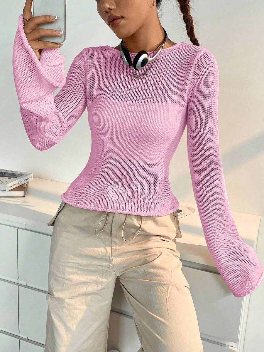 SHEIN Unity 性感喇叭袖毛衣,百搭風格 - 粉色 - 查看 1