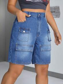 SHEIN ICON 女士加大碼摺邊口袋洗水牛仔短褲 - 深色水洗藍 - 查看 6