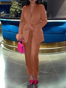Slaydiva 女士純色翻領單鈕西裝外套+褲子套裝 - 棕色 - 查看 6