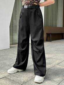 Tween Girls' Street Style Solid Color Wide Leg Pants With Slanted Pockets, Suitable For Daily Wear - Black - View 3