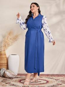 Mulvari Plus Size Women's Plant Print Ruffle Hem Long Sleeve Belted Dress