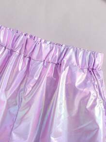 Teen Girls' Laser Reflective Zipper Front Hooded Top And Shorts Set - Violet Purple - View 6