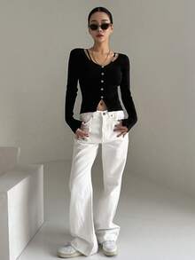 DAZY Women's Black Solid Color Hollow Slim Cardigan - Black - View 7