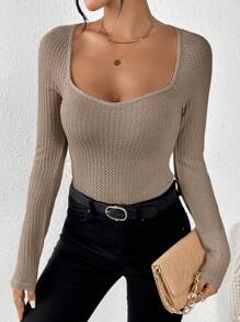 SHEIN Frenchy Textured Sweetheart Neckline Bodysuit - Grey - View 6